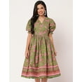 thumbnail image 2 of Moomaya Printed Cotton Flared Dress, V-Neck Puffed Sleeves Maxi Dress For Women, 2 of 8