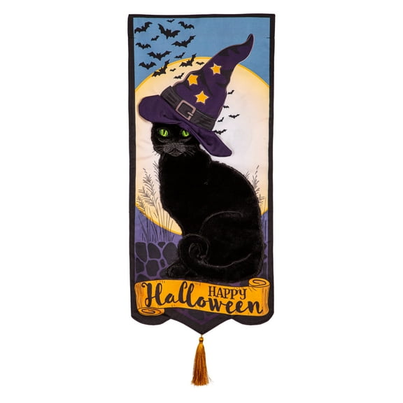 Evergreen Flag,Happy Halloween Black Cat Everlasting Impression Textile Decor,12.5x0.13x28 Inches