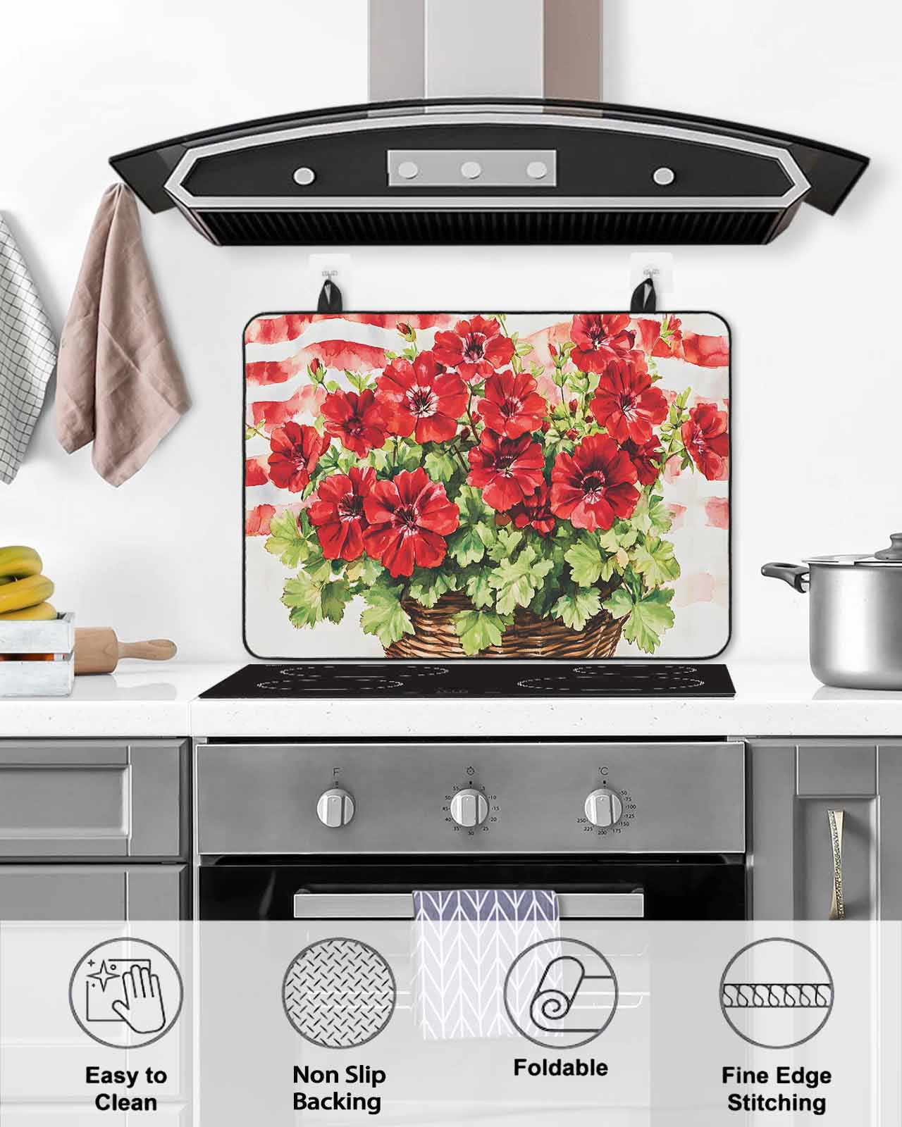 nqOlkjepod Large Induction Cooktop Protector Mat 24"x21", 4th of July Flower Stove Top Covers for Electric Stove, Vintage Red Stripe Flag Poppy Floral Stove Burner Cover Mats, Glass Top Stove Cover