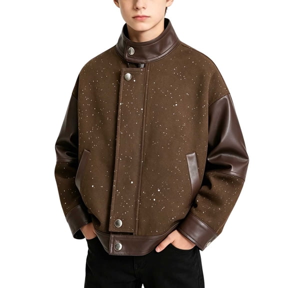 JWshufel Boys Fashion Leather Jacket Long Sleeve Stand Collar Patchwork Coat Solid Color Button Zippered Clothes