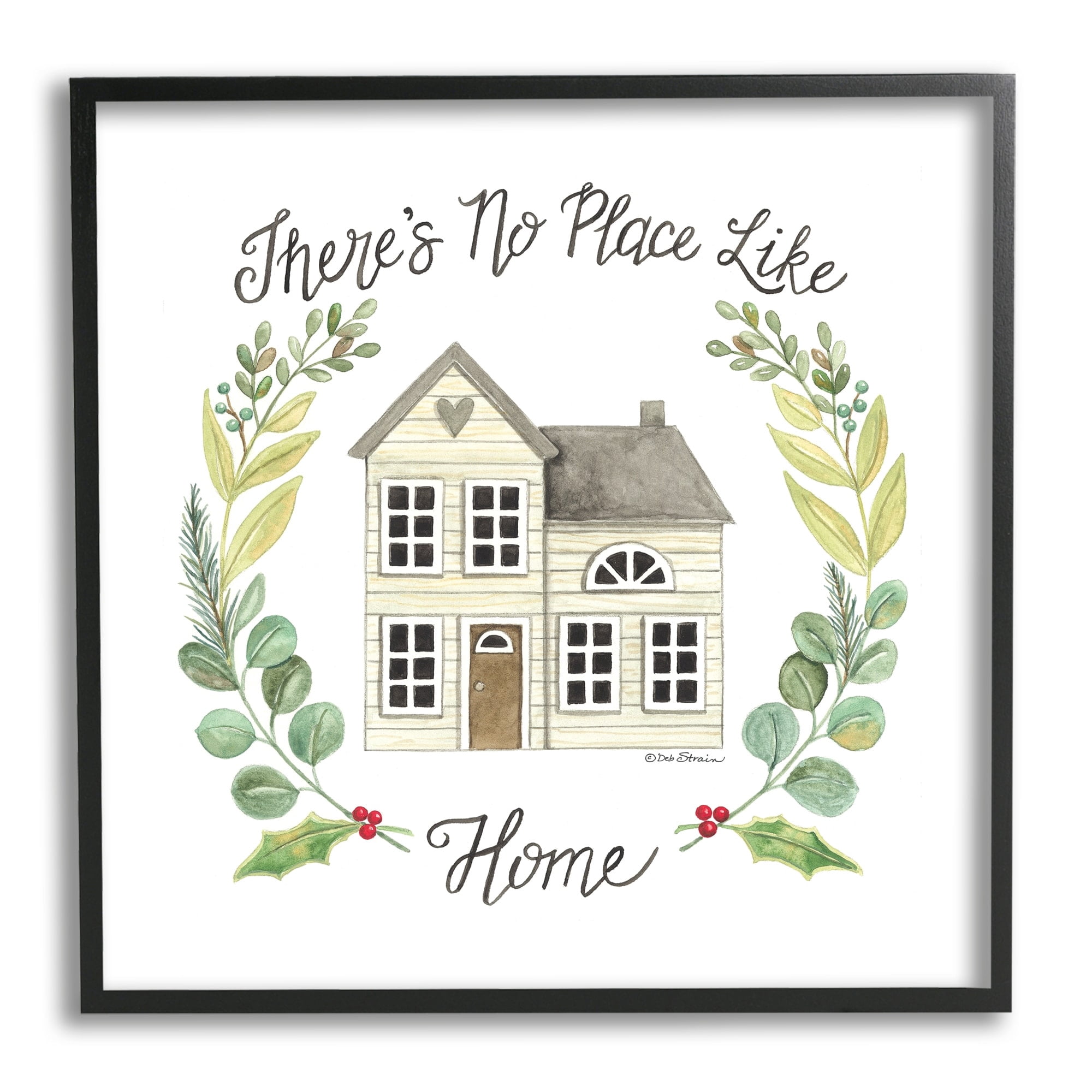 Stupell Industries No Place Like Home Casual House Leaf Laurel Graphic Art Black Framed Art Print Wall Art, Design by Deb Strain