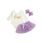 Frobukio Newborn Baby Girls 1st Birthday Clothes Sets Lace Letter Printed Romper Tutu Skirts Headband Purple 12-18 Months