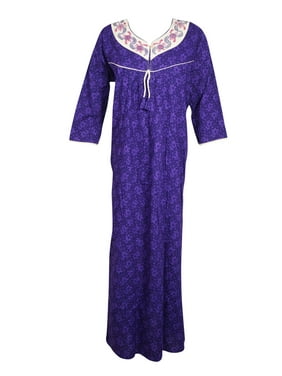 Mogul Women Maxi Dress, Winter Fashion, Long Sleeves Sleepwear Dresses, Purple White Floral Embroidered Printed Cotton Maxi Caftan, XL