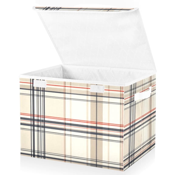Yayeee Collapsible Cube Storage Bin with Lid Fabric Closet Decorative Basket with Handles, Beige Plaid Pattern