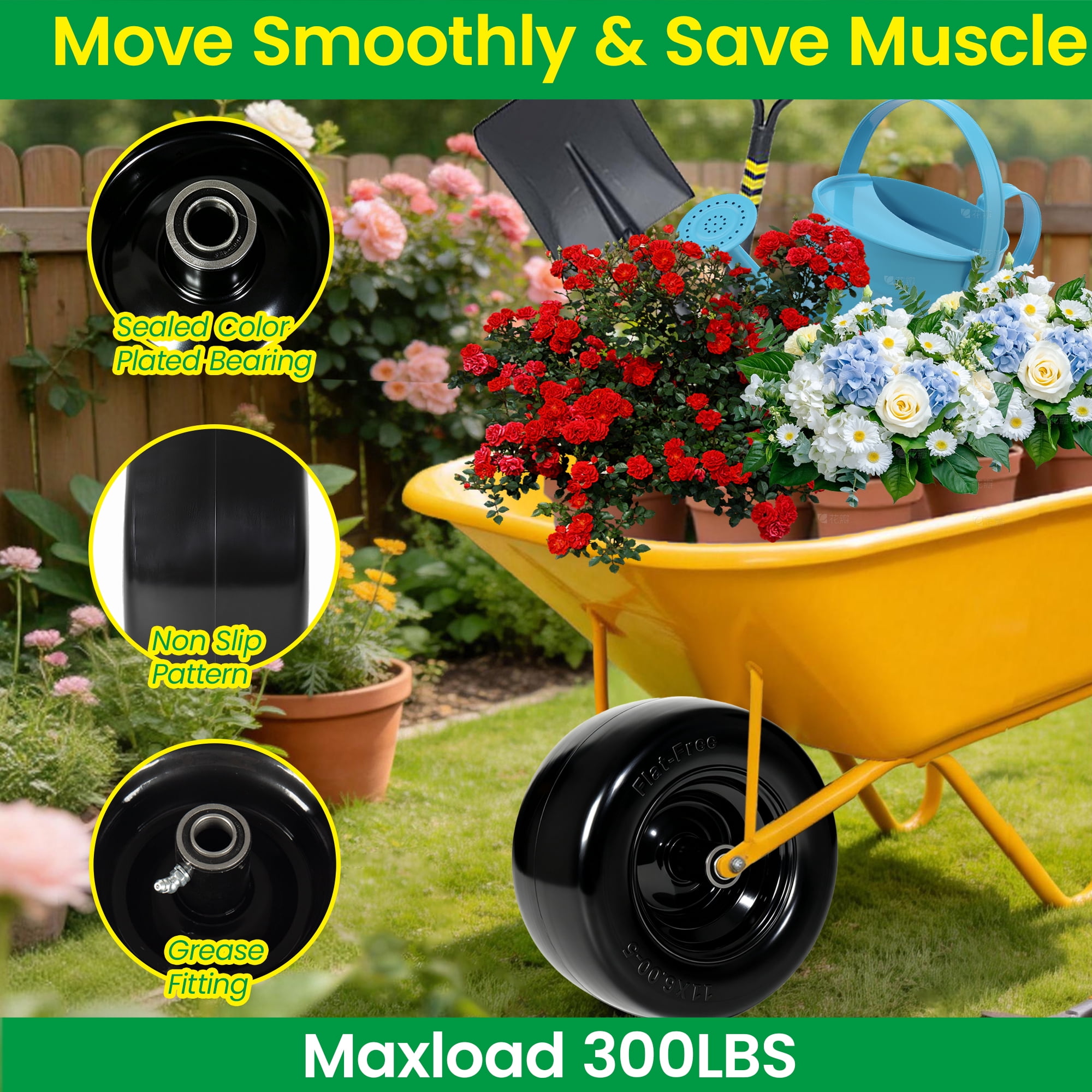 Leumius Set of 2 11x6.00-5 Smooth Tire and Wheel, 11x6-5 Solid Rubbe Riding Lawn Mower Tire with Rim, 3/4" Bearing, 5.8" Centered Hub, Smooth Tread Solid Tire for Zero Turn Mowers