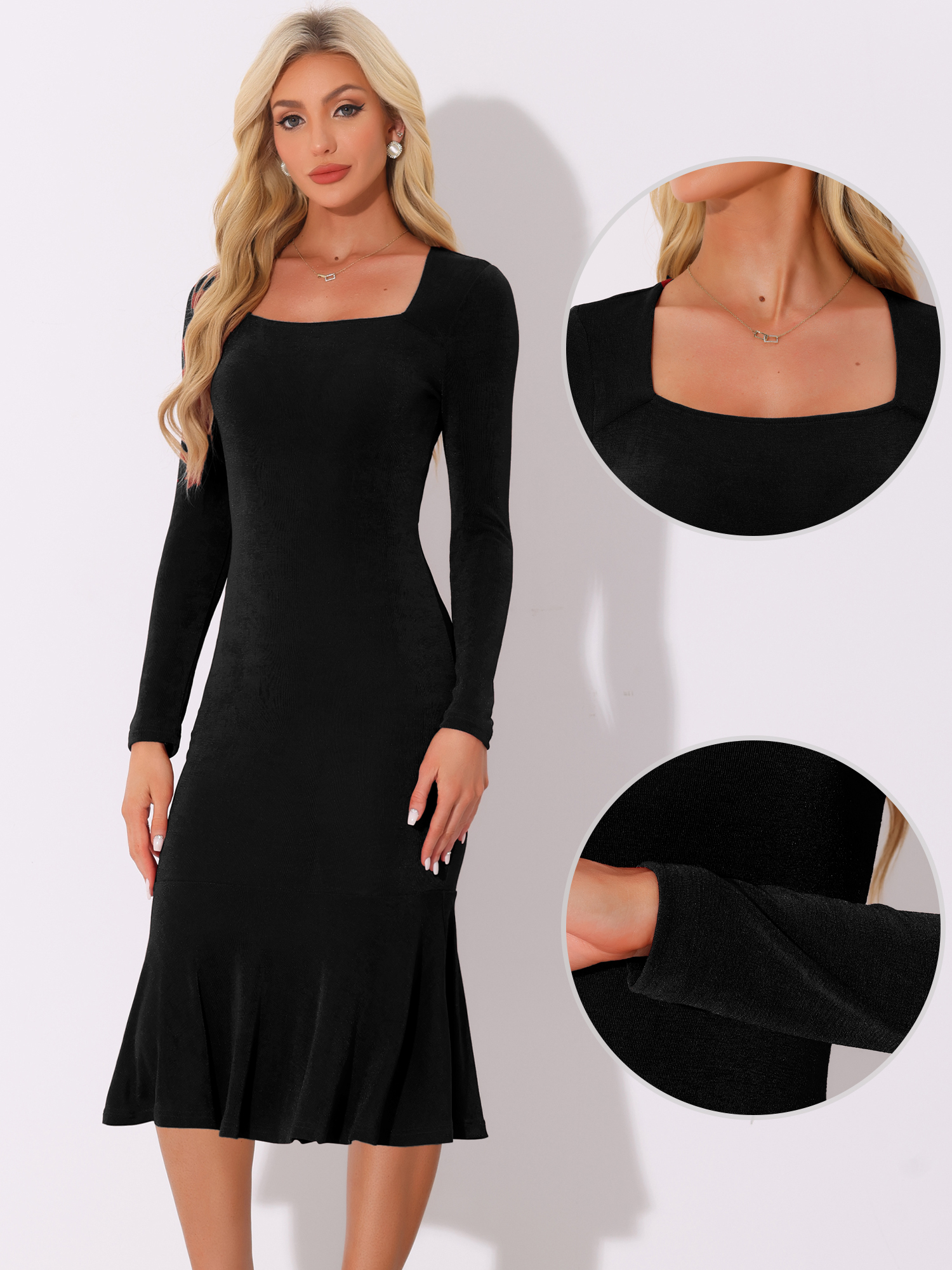 DARING DIVA Long Sleeve Midi Square Neck Bodycon Dress XL Black