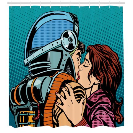 Wifey Shower Love Shower Curtain, Astronaut Kisses His Wife Illustration Vintage Pop Art Retro Style Print, Fabric Bathroom Set with Hooks, Petrol Blue and Brown, by Ambesonne ()