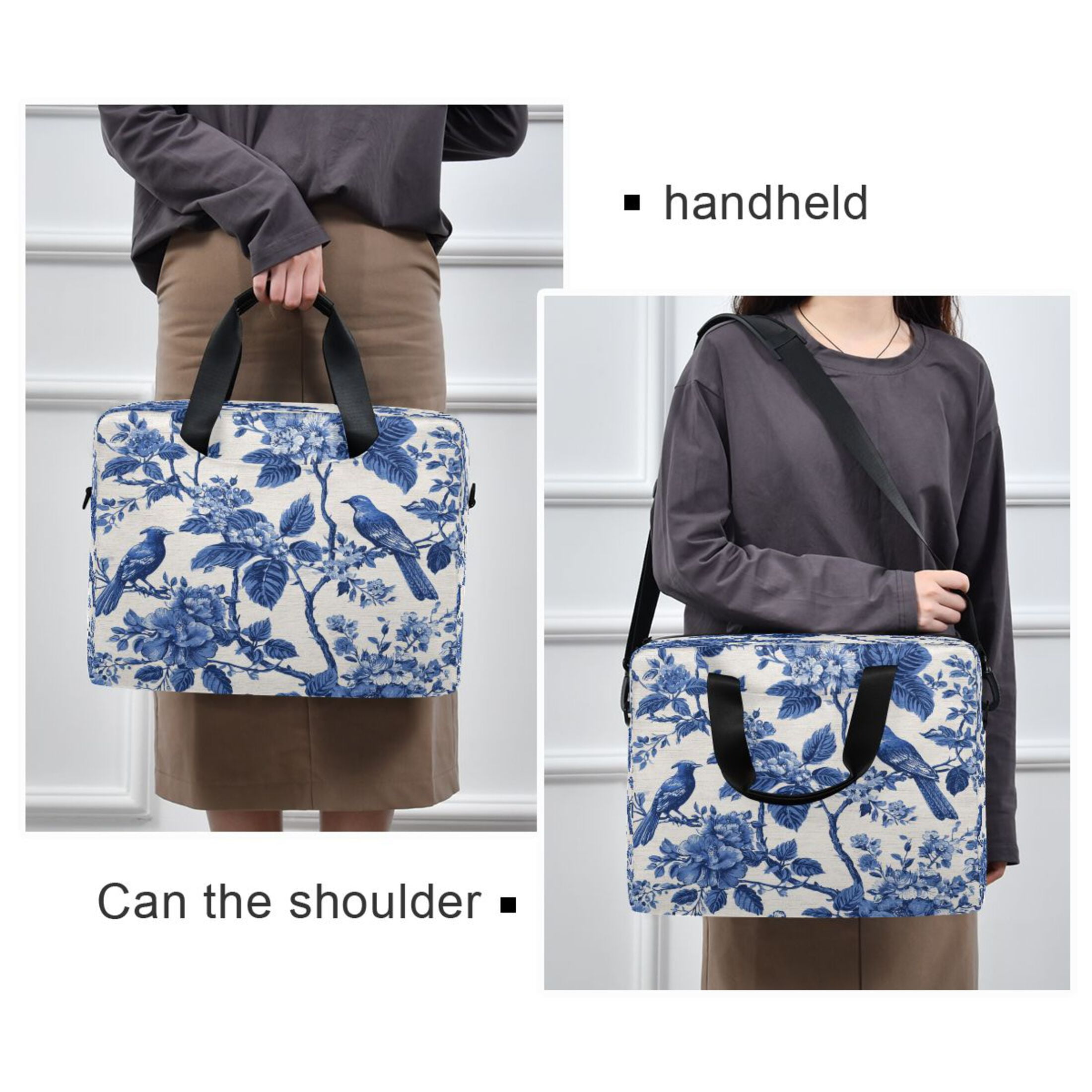 16" Laptop Tote Bag Laptop Sleeve Case Computer Briefcase for Work & Travel Blue Flowers and Birds