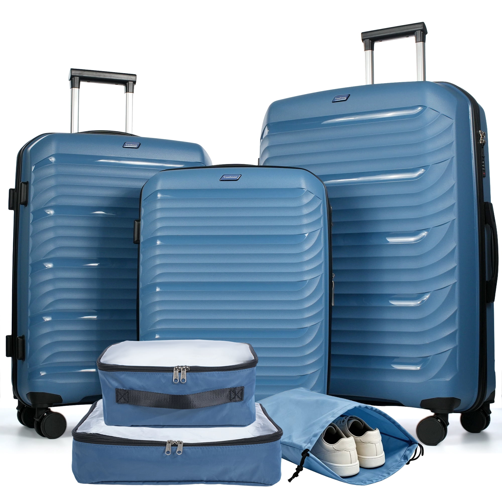 Travelhouse 3 Piece Hardshell Luggage Set Hardside Lightweight Suitcase with Lock Spinner Wheels and 2 Packing Cubes.(Blue)