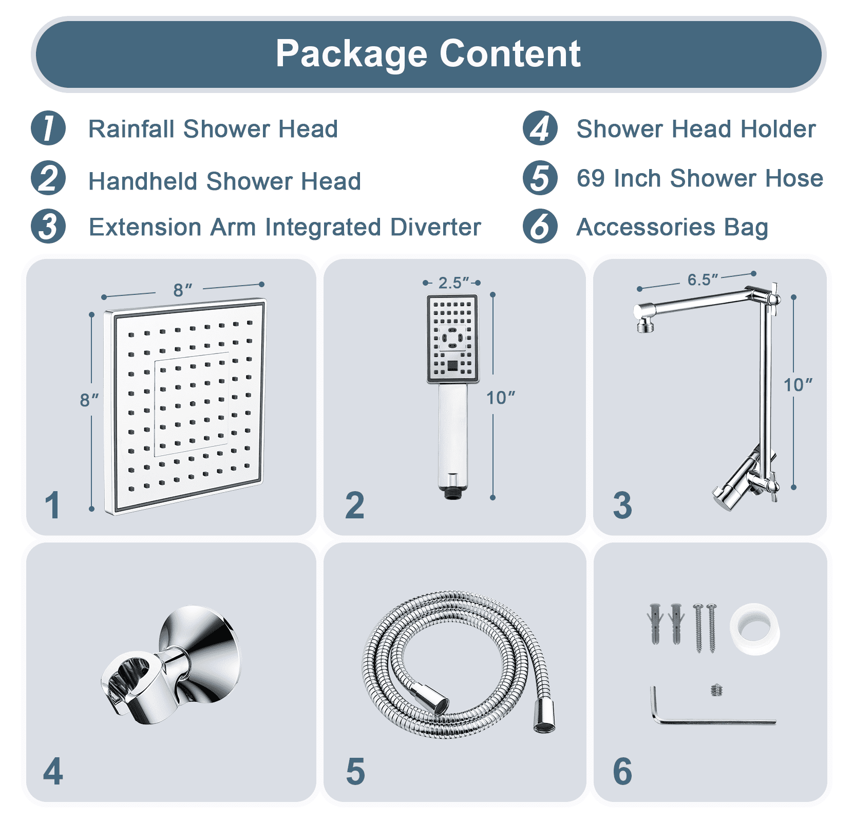 BRIGHT SHOWERS High Pressure Rain Shower Head Combo with Double Extension Arm, 8 Inch Rainfall Shower Head with Handheld Spray, Height Adjustable Dual Square Showerhead Set, Chrome