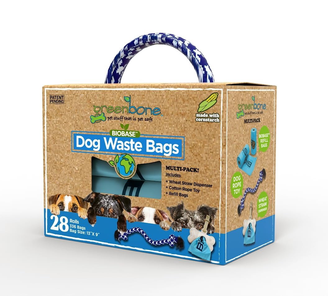 Greenbone Dog Gift set Blue Dog Poop Bag Refills for Dispenser:  includes Dispenser and Rope Toy Handle - 28 Rolls - 336 Bags