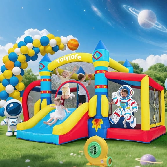 Toiyjofe Bounce House with Blower for Kids, Space Rocket Inflatable Castle with Slide & Ball Pit, Indoor Outdoor Playhouse