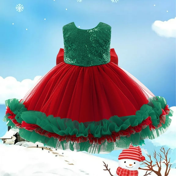 Lilgiuy Toddler Casual Princess Dress Toddler Girls Christmas Net Yarn Sequins Bowknot Birthday Party Gown Long Pompong Dresses