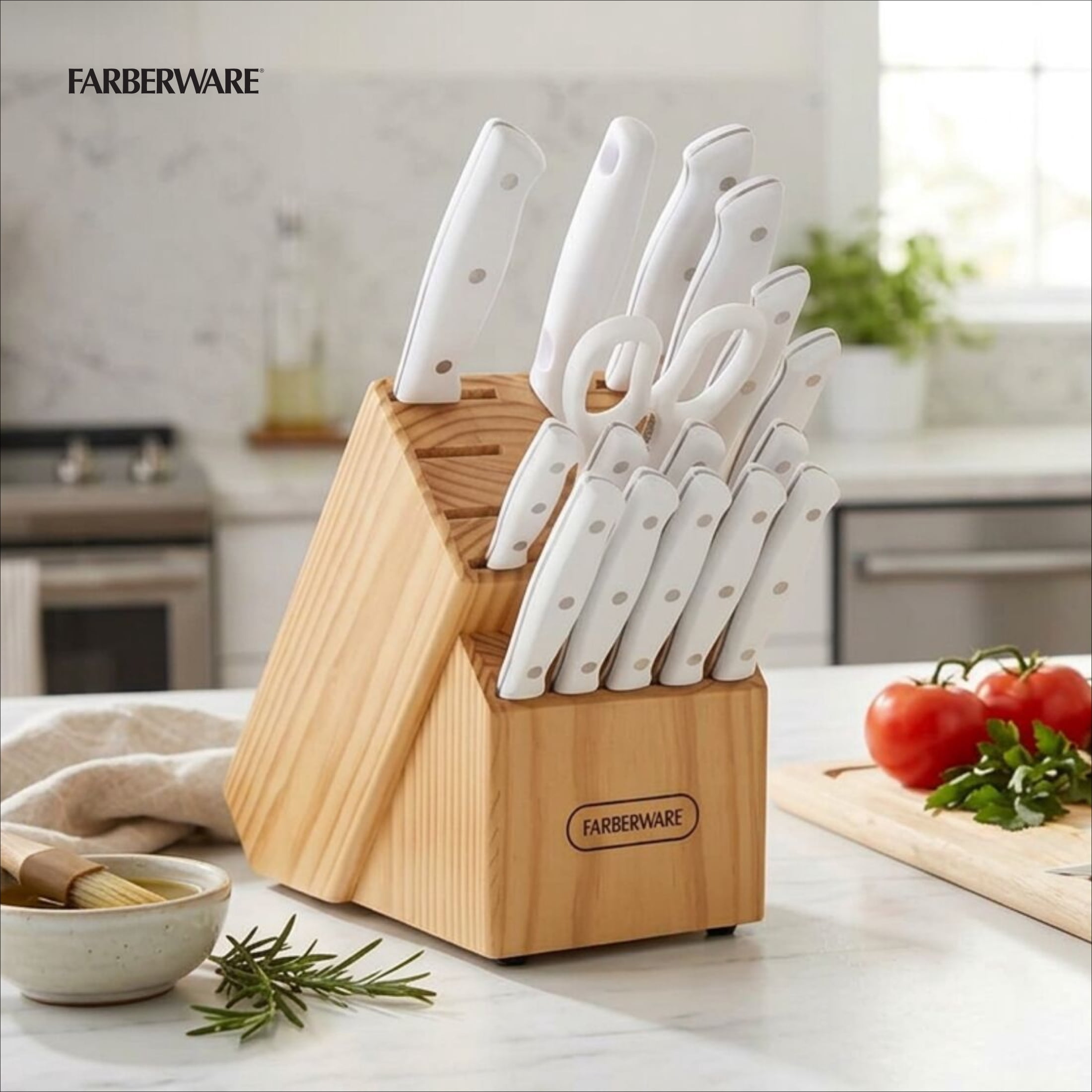 Farberware 20-Piece Triple Riveted Cutlery Knife Block Set with Kitchen Shears, White
