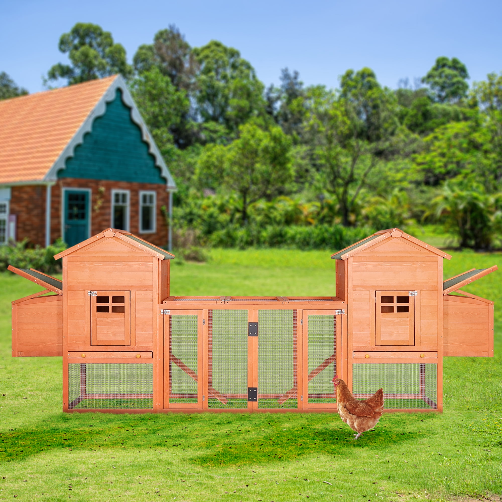 Pefilos 124" Outdoor Wooden Chicken Coop Nesting with Box Large Hen Cage with Removable Ramp Rabbit Hutches Garden Backyard Pet House, Orange Pefilos 124" Outdoor Wooden Chicken Coop Nesting with Box Large Hen Cage with Removable Ramp Rabbit Hutches Garden Backyard Pet House, Orange