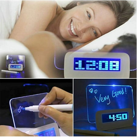 Digital Clock with Message Board with LED Light. Great for Reminder and write down something when wakes up. Great for desk-top, office, dorm, shop. Product Size: 7.5 x 6.75 x