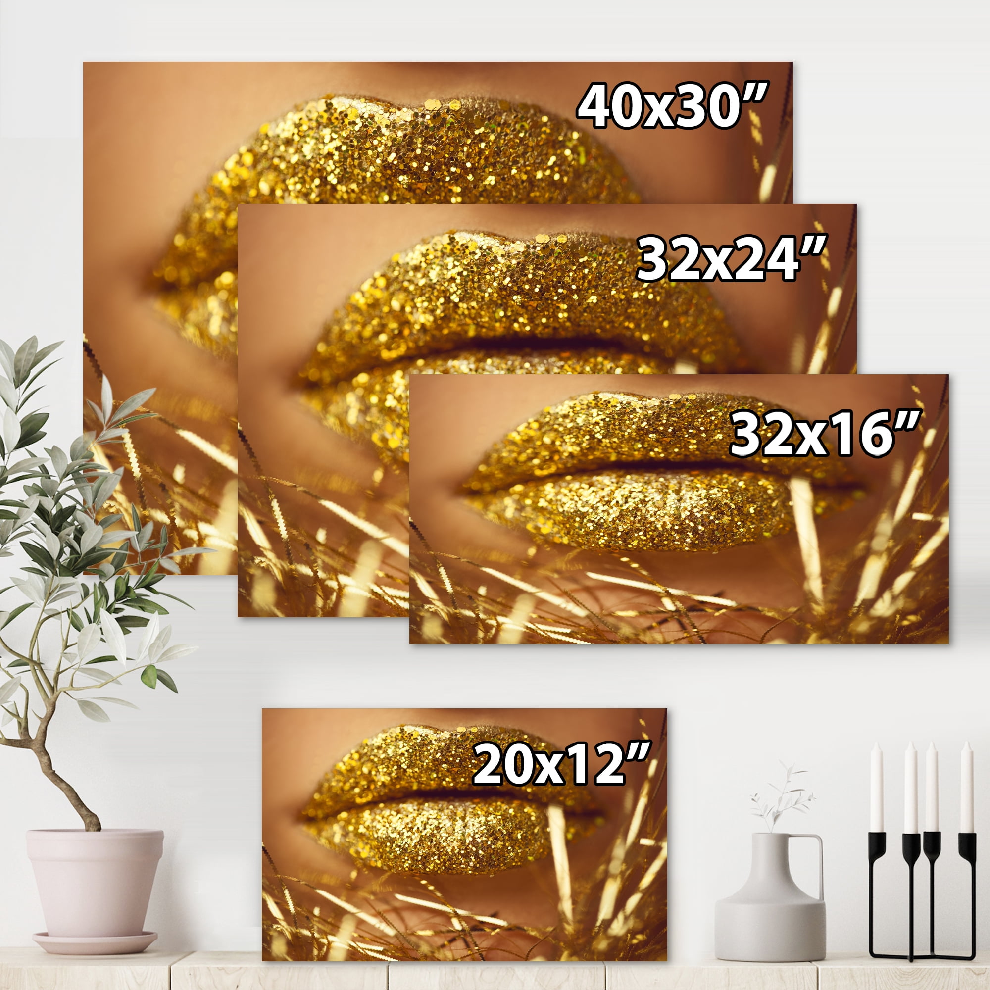 Designart ' Golden Female Lips ' Modern Canvas Wall Art Print