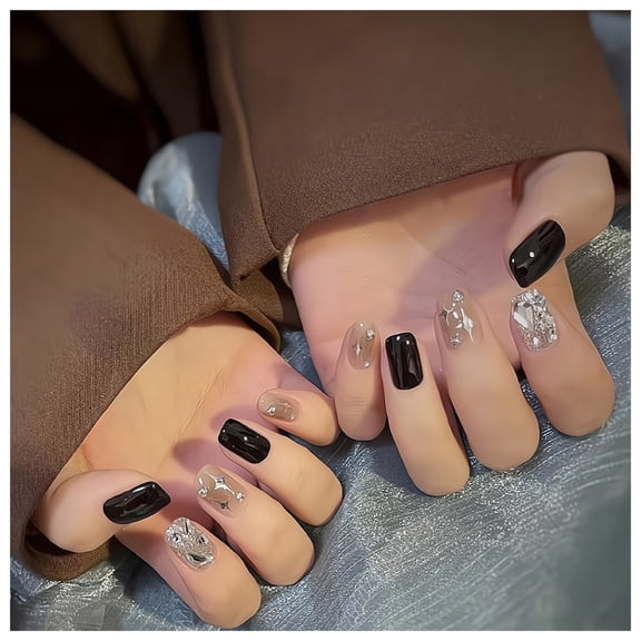 Mid-length Black Press on Nails for Women Unique Trendy Pattern Nail Pieces for Finger Nail DIY at-Home Jelly Glue Model