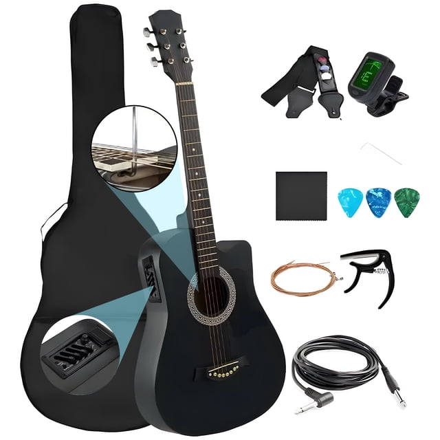 Guitarra Acústica Eléctrica 38 Pulgadas Kit Completo con Estuche, Sintonizador, Capo y Todos los Accesorios, Madera Premium para Principiantes, Estudio y Actuaciones en Vivo