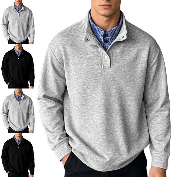 Zivyakyron Workout Mens Sweatshirt Fall Pullover Golf Cotton Layered Look Loose Long Sleeve Mens Shirts Plain Collared Black M