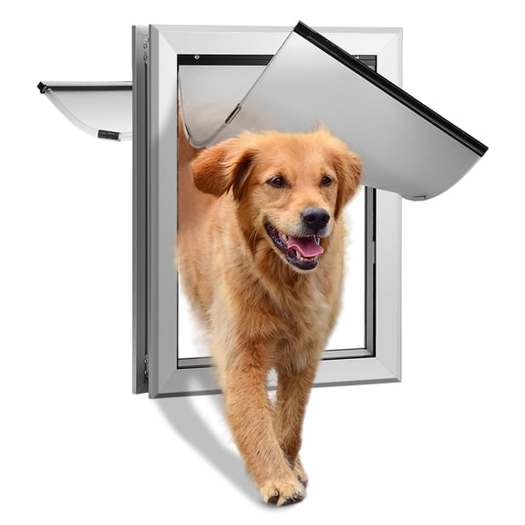 Ownpets Weatherproof Dog Door Double-Flaps Aluminum Pet Door,Larger Size Outline 20.2”x14.2” / Inner11.6” x 16.8” with Magnetic Flap And Safety Guard