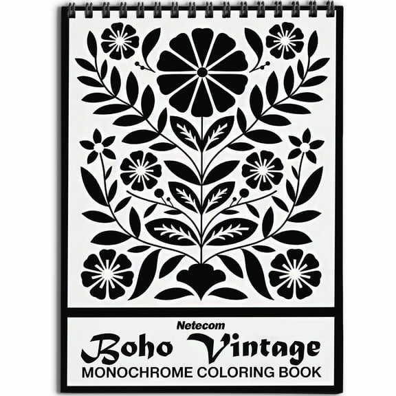 Netecom Boho Vintage Monochrome Coloring Book Spiral Bound for Adults, Softcover, Relaxing One-Color Illustrations with Floral Art, Mandalas, and Cozy Scenes for Mindfulness, Stress Relief