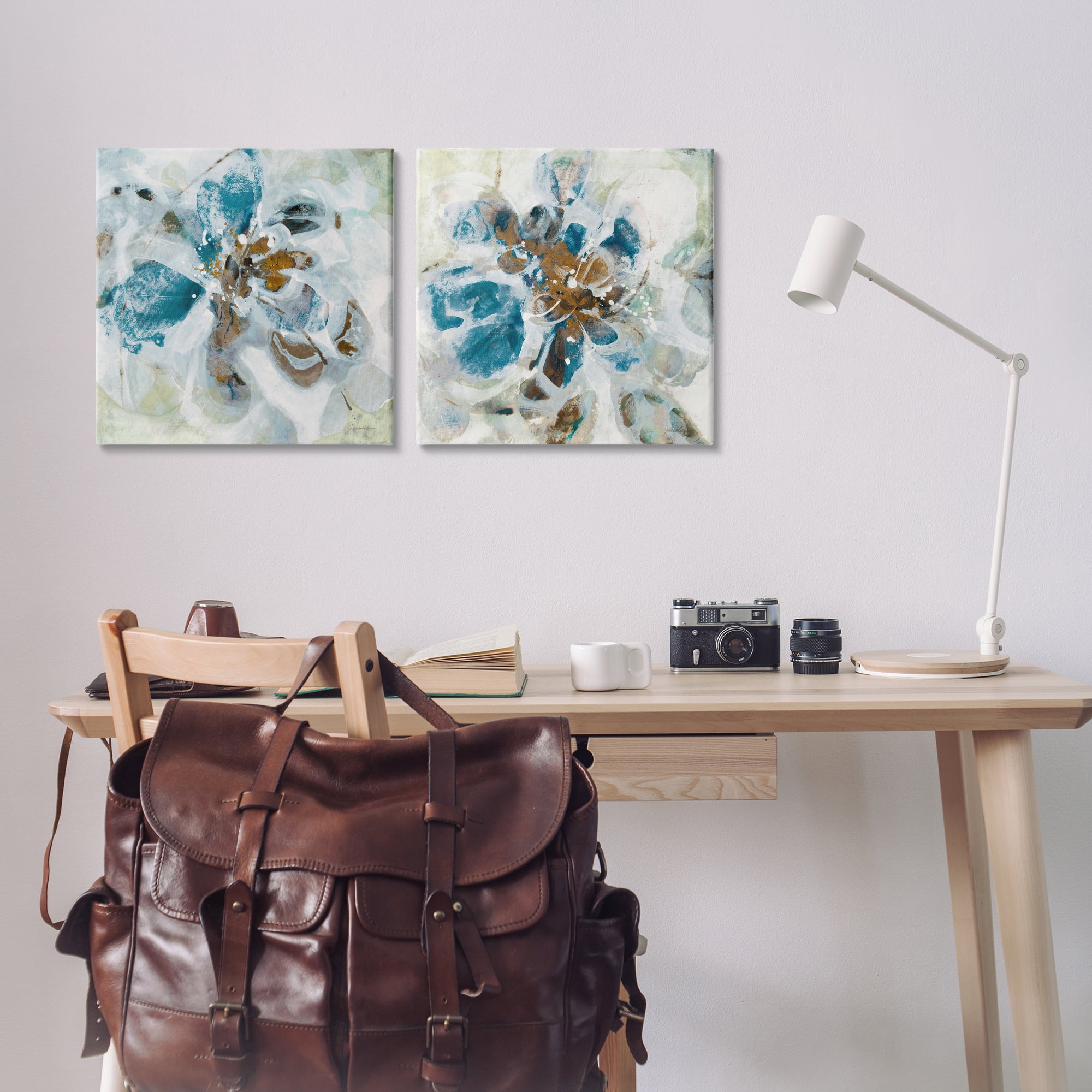 Stupell Industries Teal Abstract Flower Petals Abstract Painting Wrapped Canvas Art Print Wall Art, 17 x 17, Set of 2