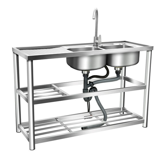 ChicHomey Double Bowl Kitchen Sink,Stainless Steel Utility Sink with Workbench & Storage Shelves,Cold & Hot Water Faucet,Garage/Restaurant/Outdoor Kitchen