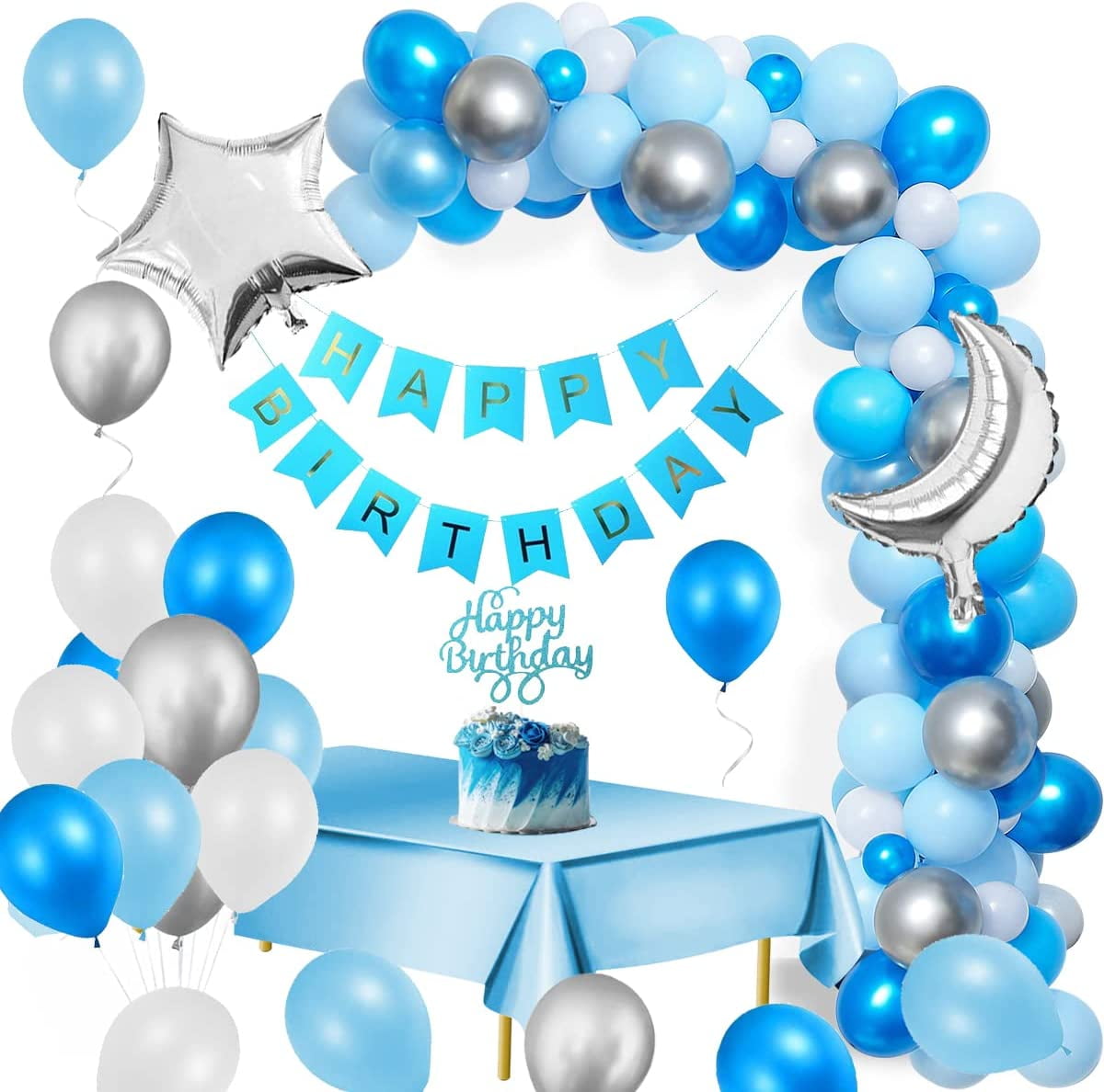 AOWEE Sky Blue Birthday Decorations, Light Blue Balloon Garland Kit with Star Moon Foil Balloon Silver White Latex Balloons Banner Tablecloth for 1st 2nd 13th 16th 18th Birthday Boy Shower