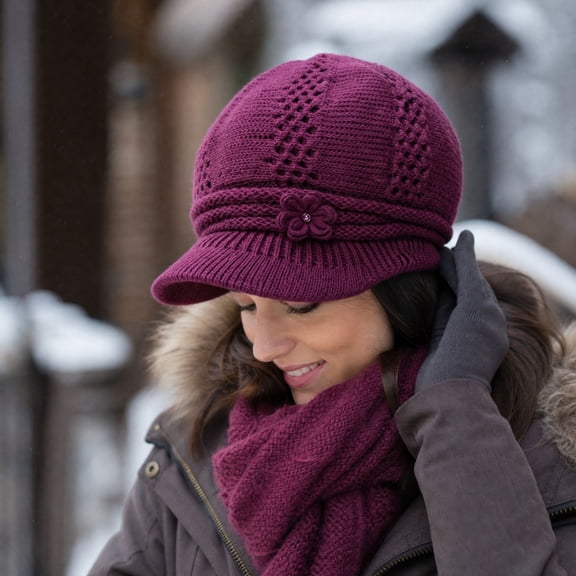 Lumtrix Women Knit Newsboy Hat with Crochet Flower Winter Warm Beanie Cap with Brim Vintage Slouchy Cabbie Hat for Fall Winter Purple One Size