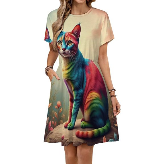 Fantasy Harlequin Cats Flower Sundress Short Sleeve Dress Summer Women Clothes Dress for Women Dresses