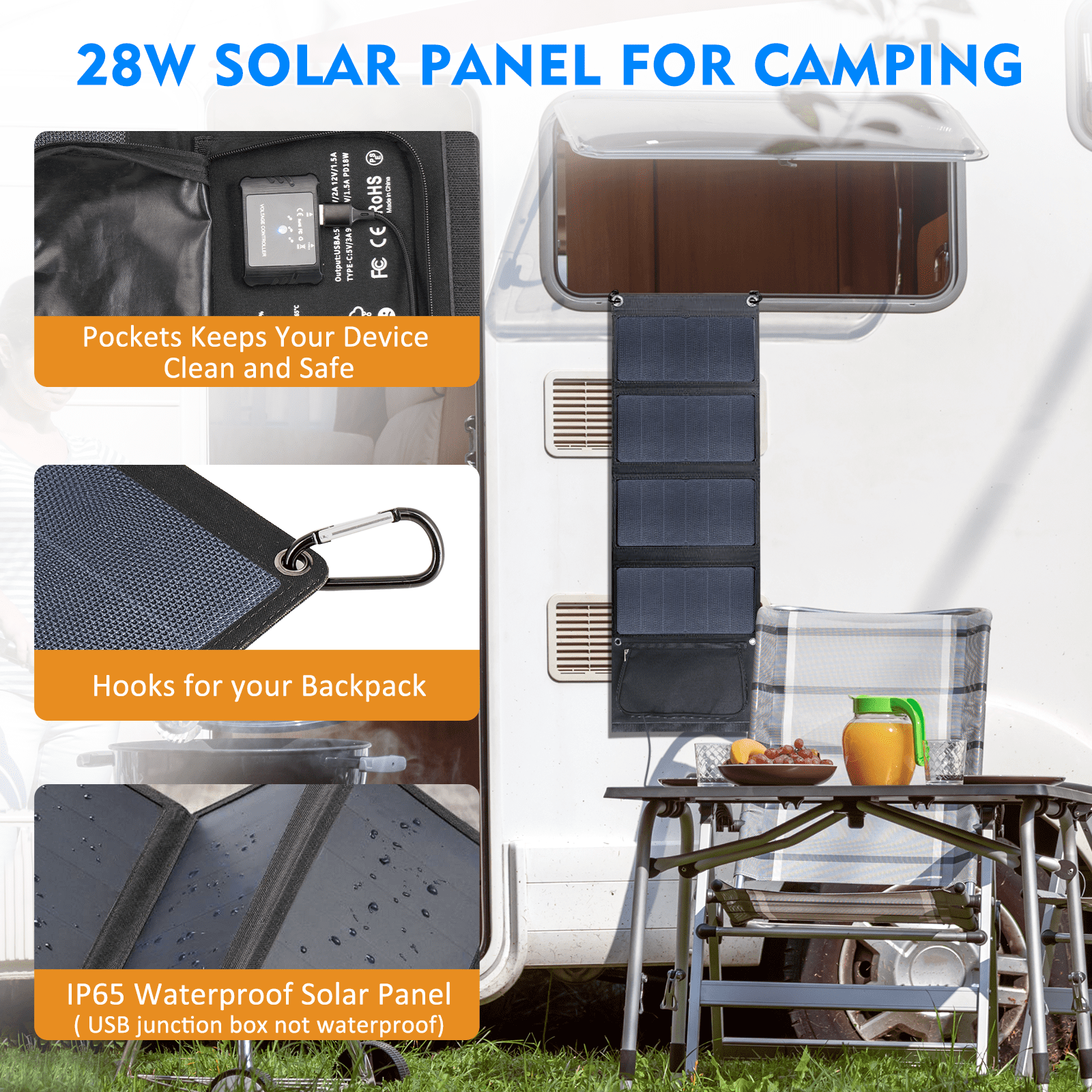 SZRSTH Solar Panel Charger - 28W Camping Solar Panel Dual USB IP65 Waterproof Backpacking Charger Compatible with iPhone iPad Samsung Galaxy