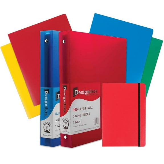 JAM Back To School Assortments, Heavy Duty Folders (4), 1 inch Binders (2) & a Red Journal (1), 7 Items Total