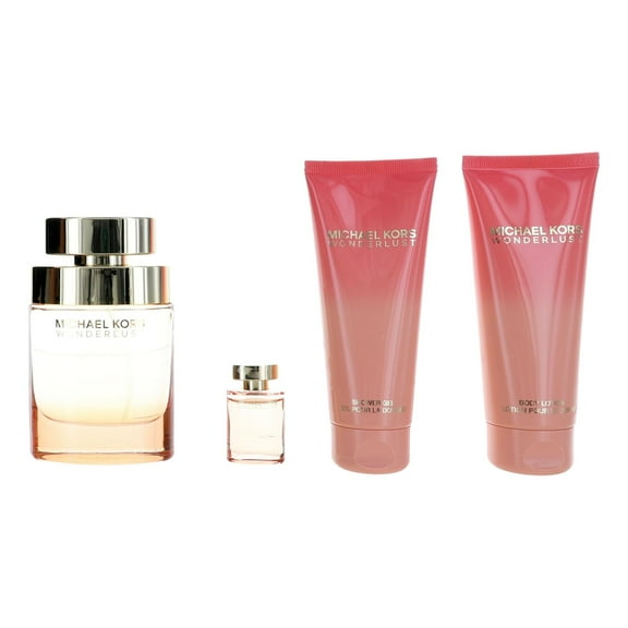Michael Kors Wonderlust , 4 Pc Gift Set 3.4oz EDP Spray, 0.14oz EDP Spray, 3.4oz Body Lotion, 3.4oz Shower Gel