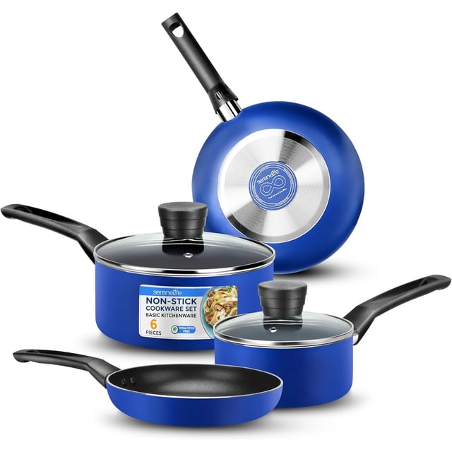 SereneLife Kitchenware Pots & Pans Basic Kitchen Cookware, Black Non-Stick Coating Inside, Heat Resistant Lacquer (6-Piece Set), One Size, Blue
