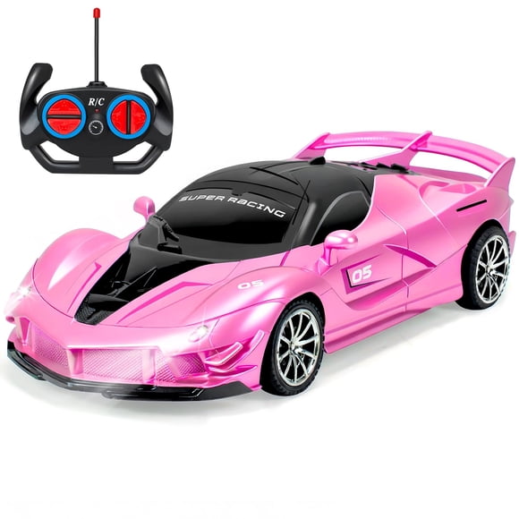 Coche Bloolilies 1:18 con mando a distancia, color rosa, con faros delanteros