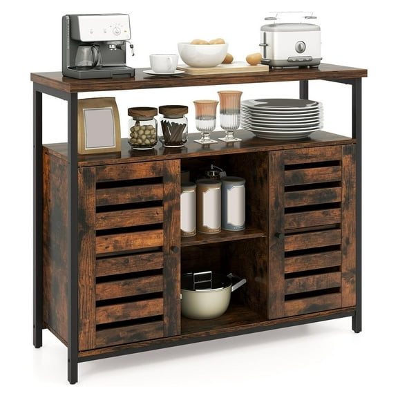 Industrial Buffet Cabinet, Sideboard Storage Cabinet with Push-to-Open Slatted Door & 3 Adjustable Shelves, Coffee Bar Station with Anti-Tipping Kits, for Kitchen, Living Room, Rustic Brown