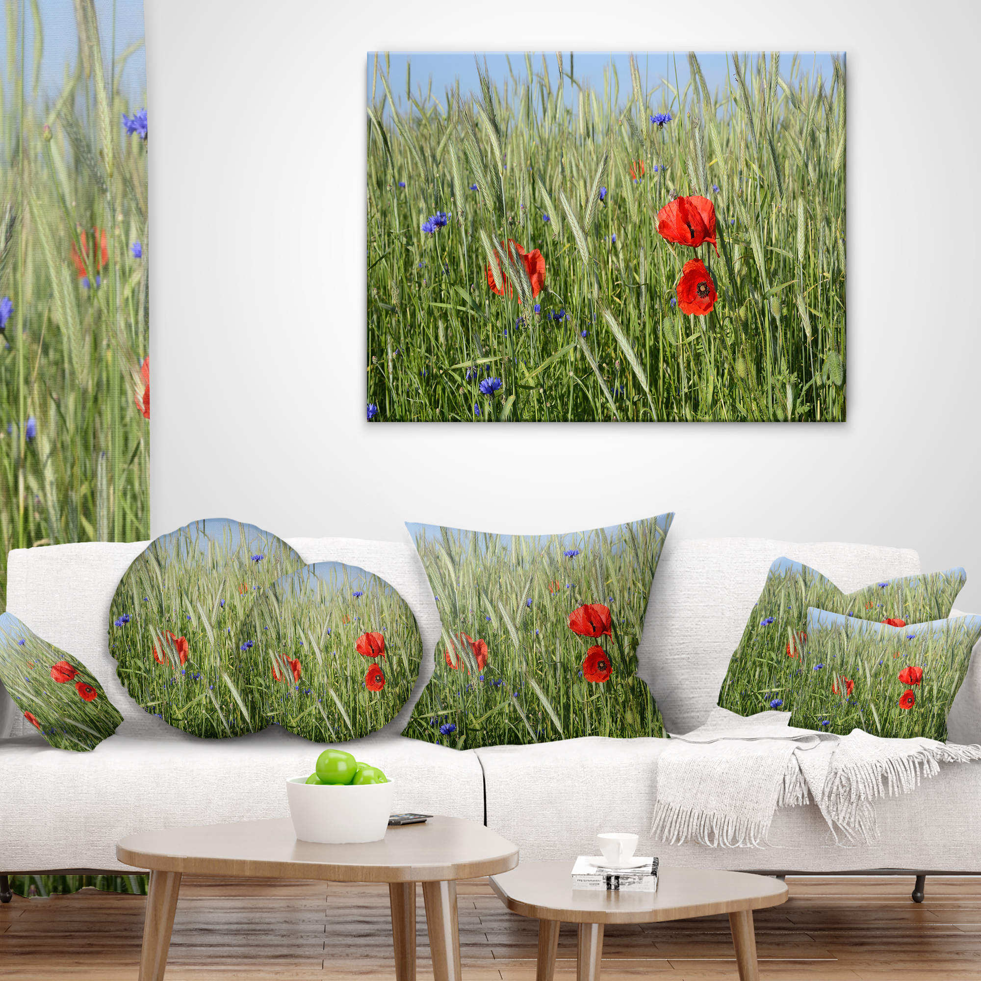 Designart Rural Landscape with Red Poppies - Landscape Printed Throw Pillow - 16x16
