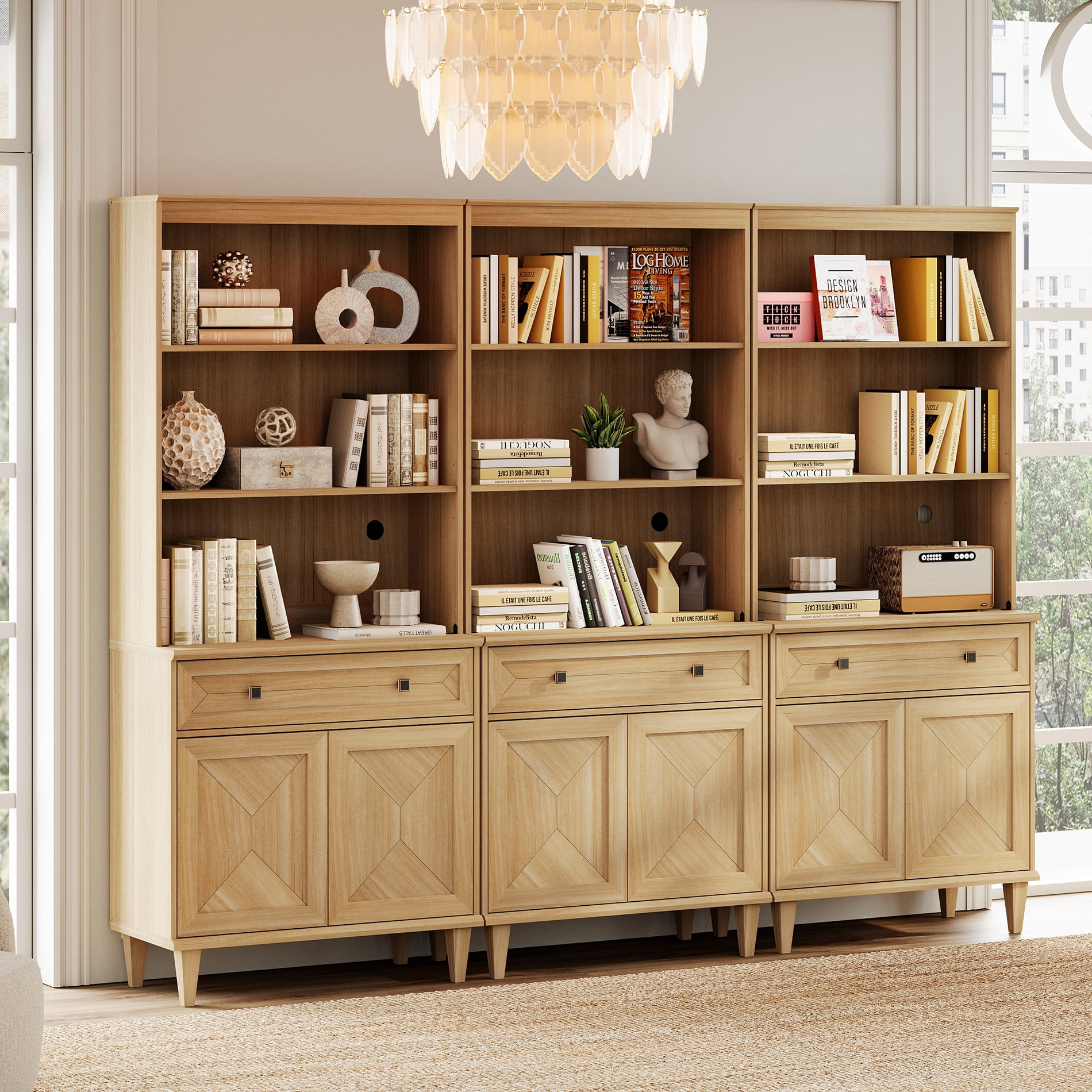 WAMPAT Handmade Patchwork 94.5" Wide Tall Bookshelf with Cabinets, Oak