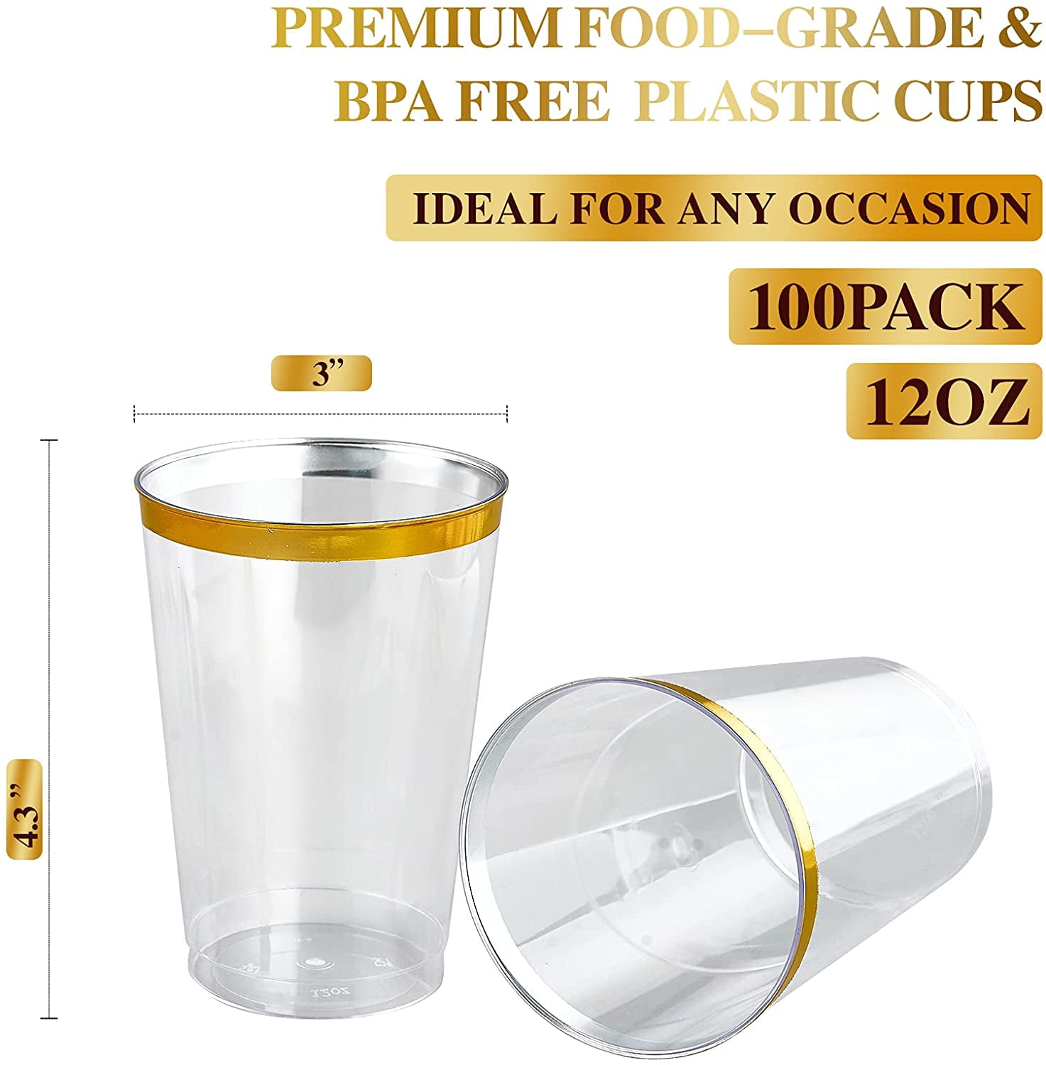 Buy 100 Pack 12 oz Gold Rimmed Plastic Cups, FOCUSLINE Clear Plastic