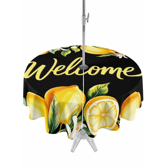 Yellow Lemons Outdoor Tablecloth - 54 Inch Round Dining Table Cover, Summer Fruits Leaves Botanical Black Waterproof Outdoor Table Cloth with Umbrella Hole & Zipper for Picnic/Patio/Party