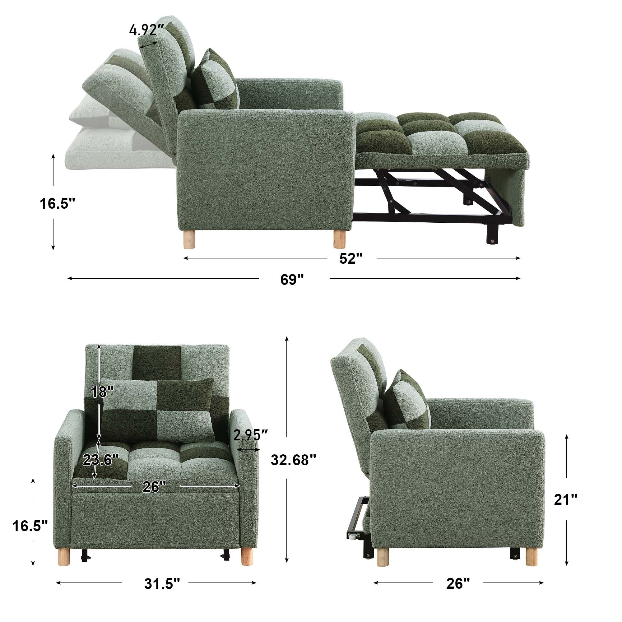 Aukfa Convertible Sleeper Chair Bed, Patchwork Pull Out Sofa Chair with Adjustable Backrest, Teddy  Green  (图5)