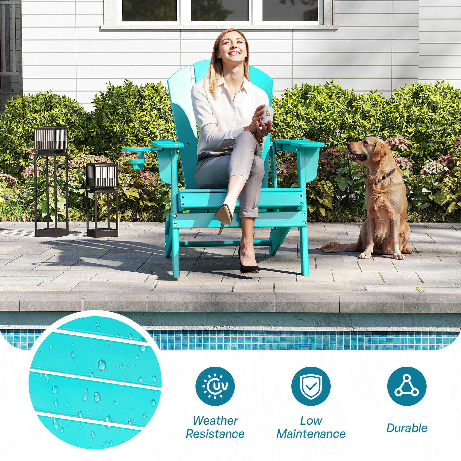 FURRYFECTION Folding Adirondack Chair Set of 2 with Cup Holder,All-Weather HDPE Outdoor Fir Pit Chairs for Patio Garden Backyard,Aqua