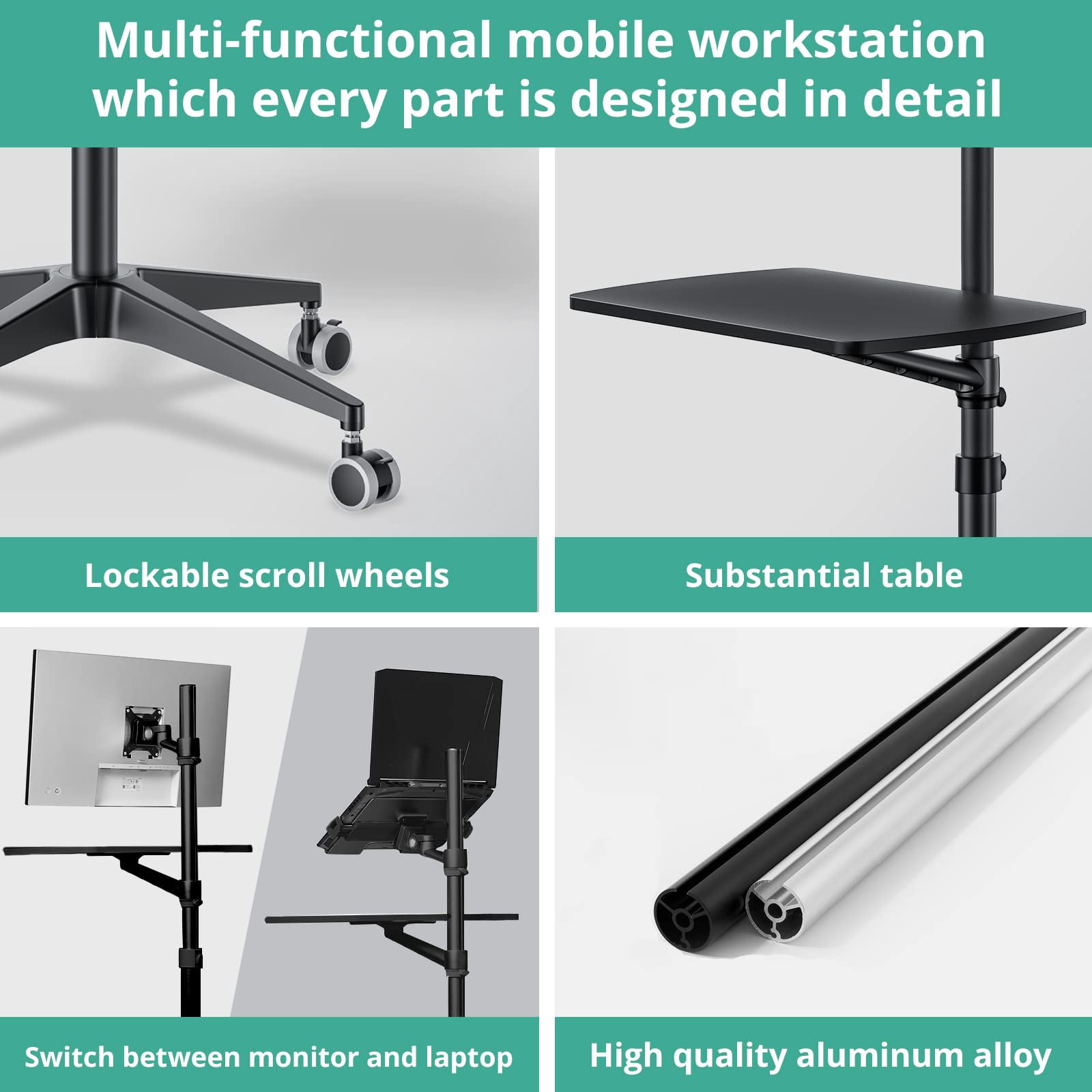 Mobile Desk Workstation Mulitiuse Rolling Laptop Floor Stand 34"-48.6" Height Adjustable Compatible With 17"-27" Monitor&12"-17" 21"*14" Maxload 17.6lbs 4 Lockable Wheels B