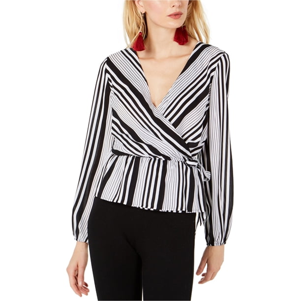 INC Blusa cruzada abigarrada para mujer, negra, pequeña