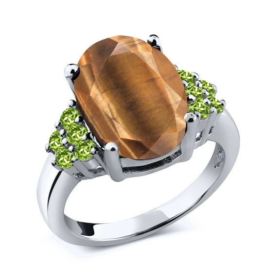 Gem Stone King 4.50 Ct Oval Brown Tiger Eye Green Peridot 925 Sterling Silver Ring (Size 5)