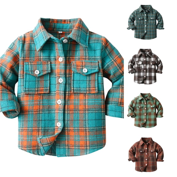 Playtopia Boys Jacket, Plaid Flannel Fall Jacket For Boys, Long‑Sleeve Button‑Up Boys Outerwear, Youth Boys Shirt Coat With Chest Pockets, 1 Piece, S‑XL