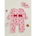 thumbnail image 3 of Newborn Baby Girl Valentines Day Outfit Bow Heart Ruffle Cotton Linen Jumpsuit  Long Sleeve Romper Playsuit with Headband, 3 of 8