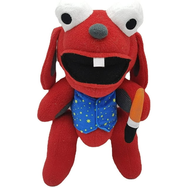 benny loves you de 12,6 pulgadas, juguete de peluche: peluche rojo de 32 cm, vista frontal centrada y sentado; cabeza grande con ojos saltones blancos y pupilas negras, nariz gris redonda y boca negra abierta con un diente cuadrado blanco; chaleco azul con estrellas amarillas; sostiene un objeto tipo cuchillo naranja/negro en la mano derecha; felpa corta visible y fondo blanco, ideal para decoración de habitaciones o regalo para amantes de películas.