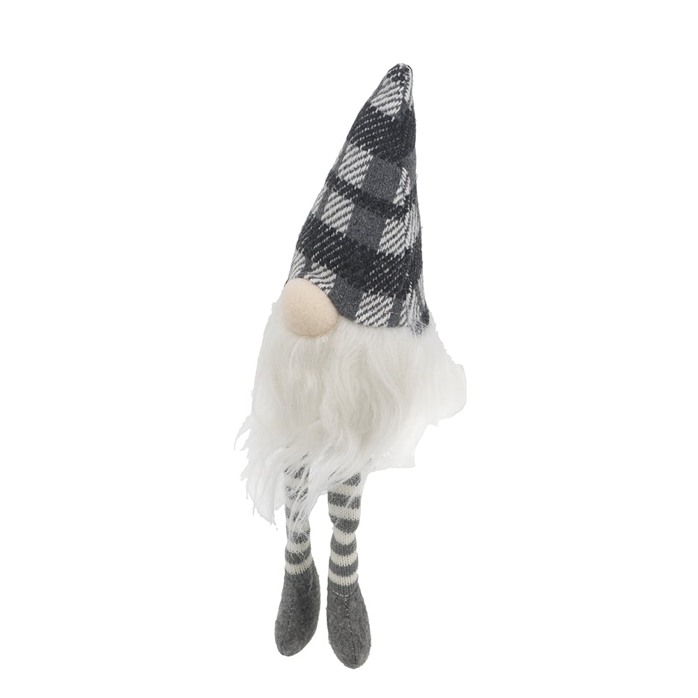 Festive Minimalist Gnome Figurine Set White Beard Gray Plaid Hat Long Legs Tabletop Mantel Dining Room Seasonal Vignette Decoration